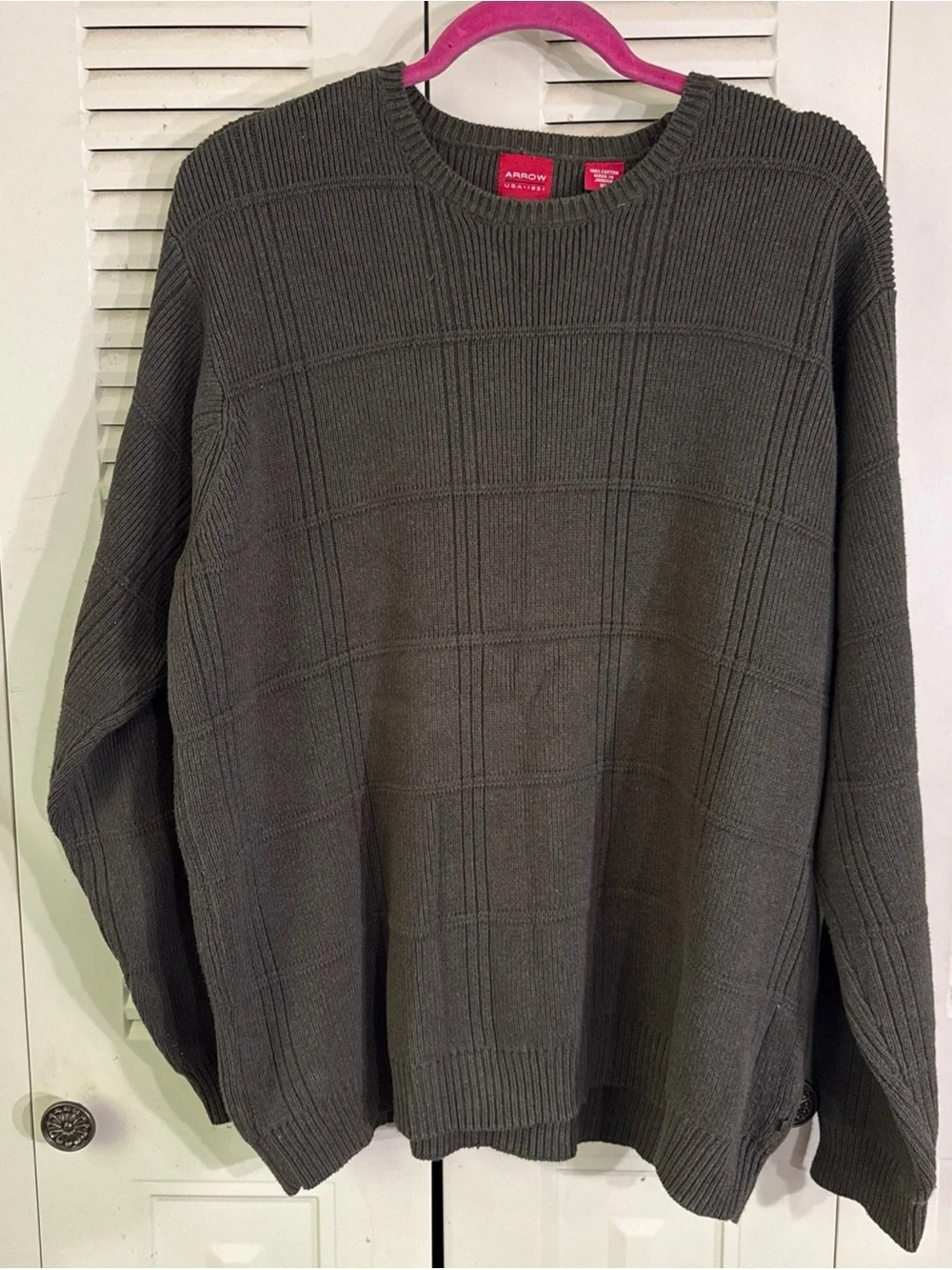Vintage Arrow Thick Mens XL Sweater Pull Over Olive Green Crew Neck Squares